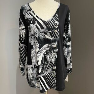 Parsley & Sage Lagenlook Blouse Size M P Black White Abstract Mother of Pearl